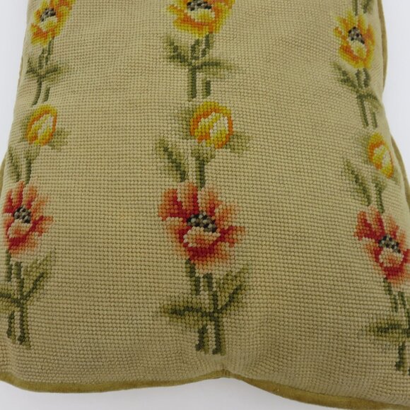 VTG Yellow Orange Poppy Needlepoint Throw Pillow Rectangle Velvet Country Floral - Picture 3 of 7